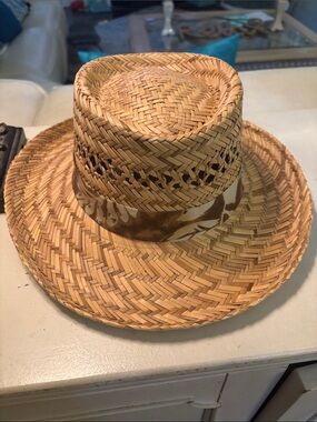 Woven Straw Panama Hat with Camouflage Band - Brown